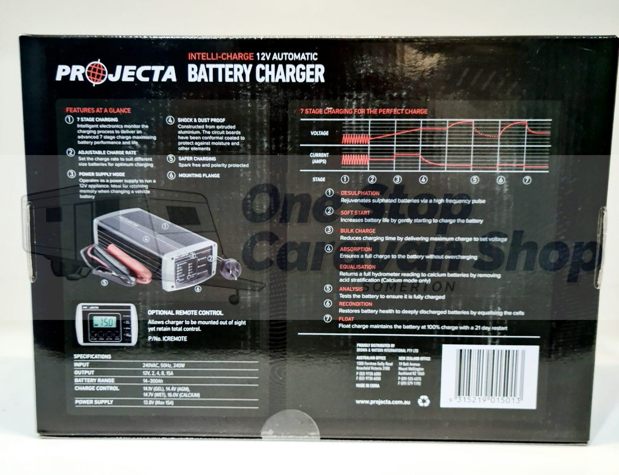 PROJECTA 12V AUTOMATIC 15A 7 STAGE BATTERY CHARGER LITHIUM, AGM, GEL PART NO IC15