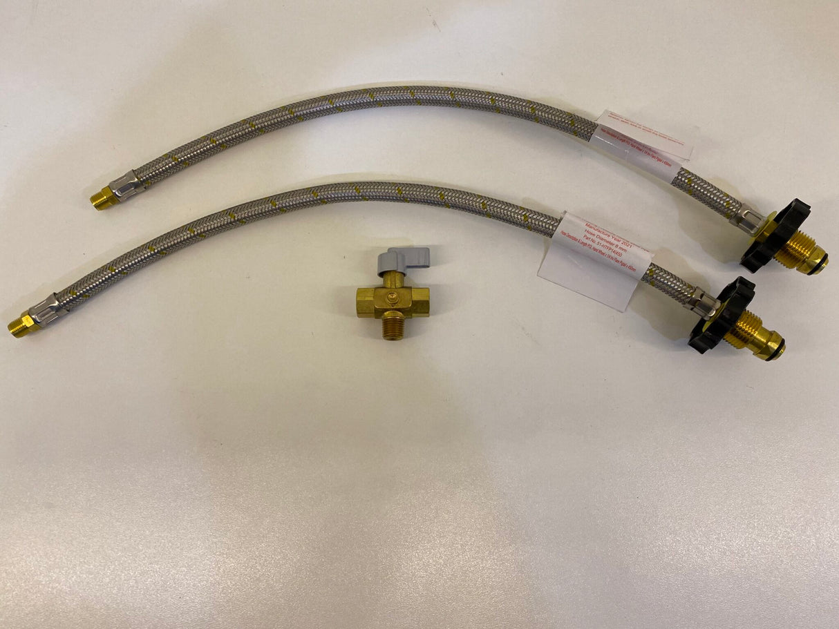 Changeover Valve Kit & 2x450mm Stainless Steel Braided Gas Hose with Handwheel (1/4 Inverted Flare)