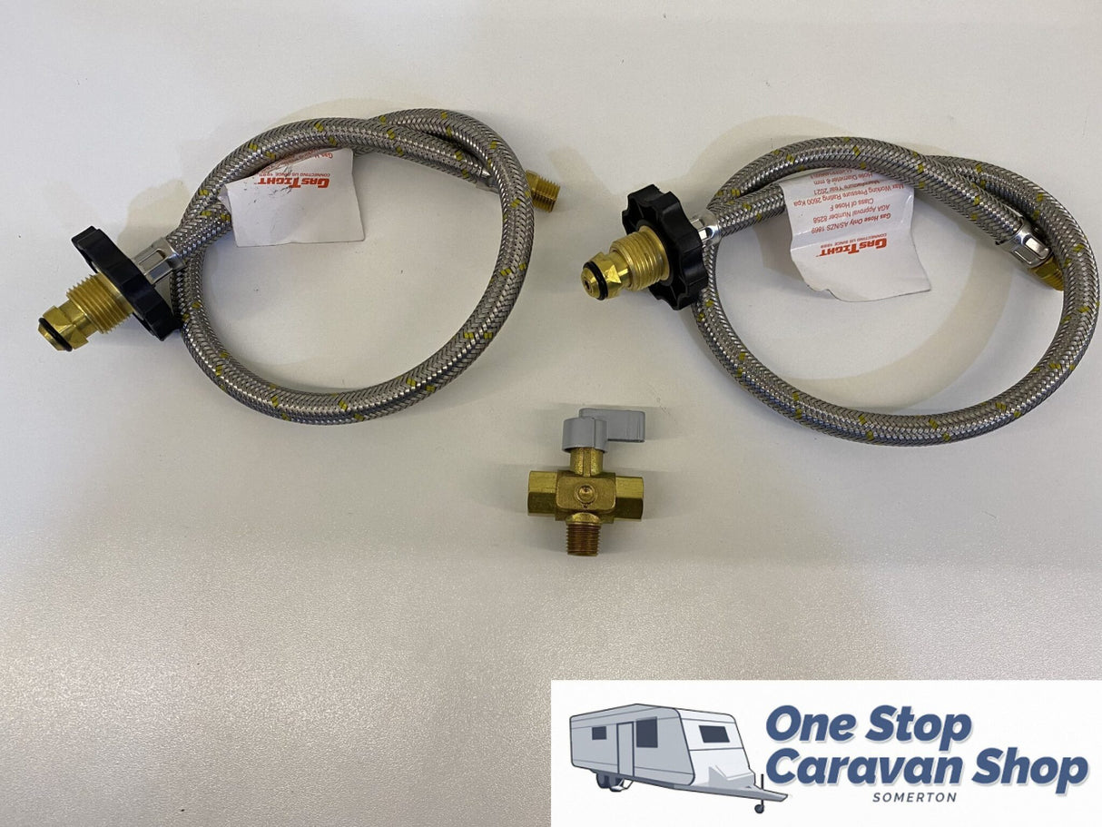 Changeover Valve Kit & 2x600mm Stainless Steel Braided Gas Hose with Handwheel (1/4 Inverted Flare)