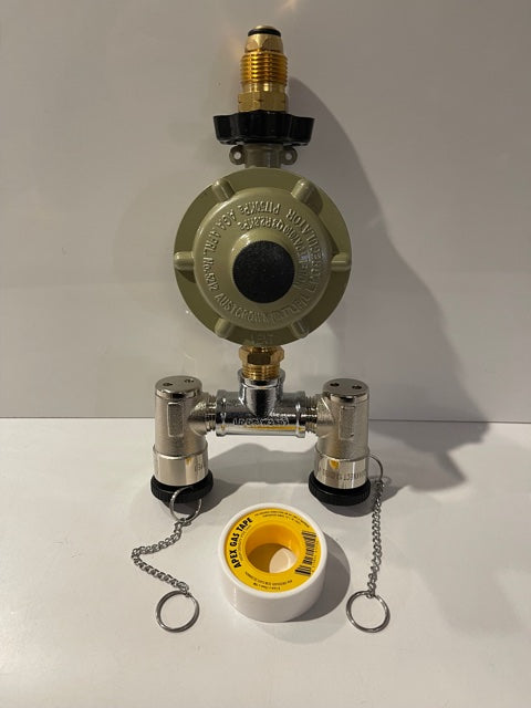 GAS BAYONET ADAPTOR TWIN WITH REGULATOR & DUST CAPS- 52-SDBA-POL