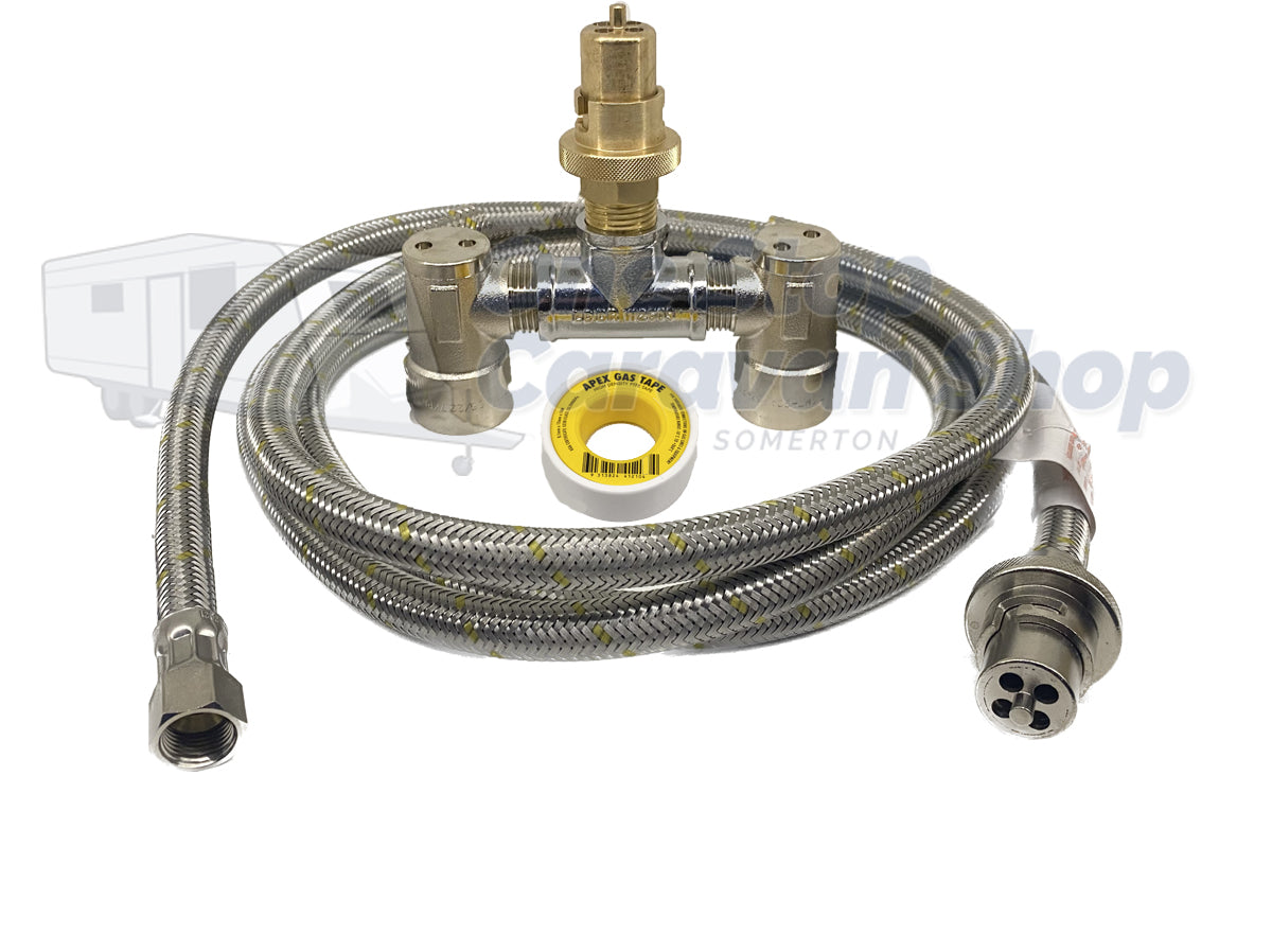 Single to Dual Gas Bayonet Double Adaptor with 3m 3/8 BBQ Hose to Suit Caravan and Motorhome Webber BBQ