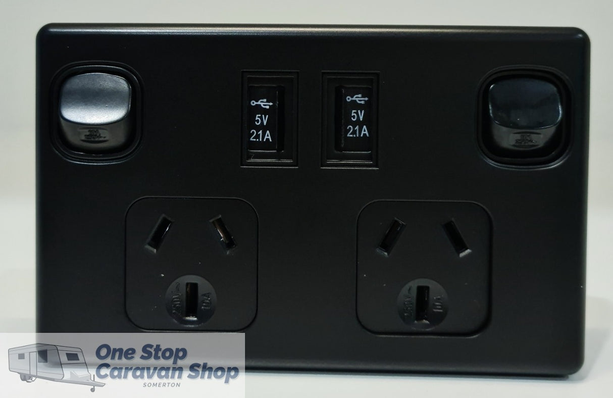 DOUBLE POLE DUAL 240V POWER POINT WITH USB CHARGING - BLACK - 4160B