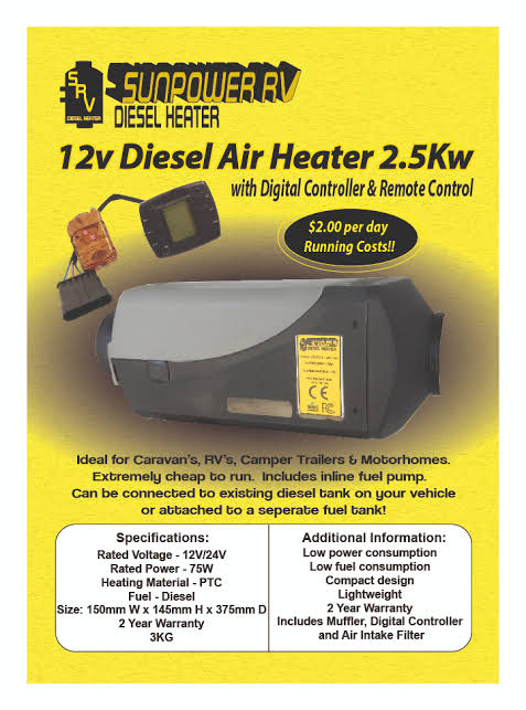 SUNPOWER RV DIESEL HEATER 2.5KW & DIESEL FUEL TANK BLACK - LOCKABLE KIT