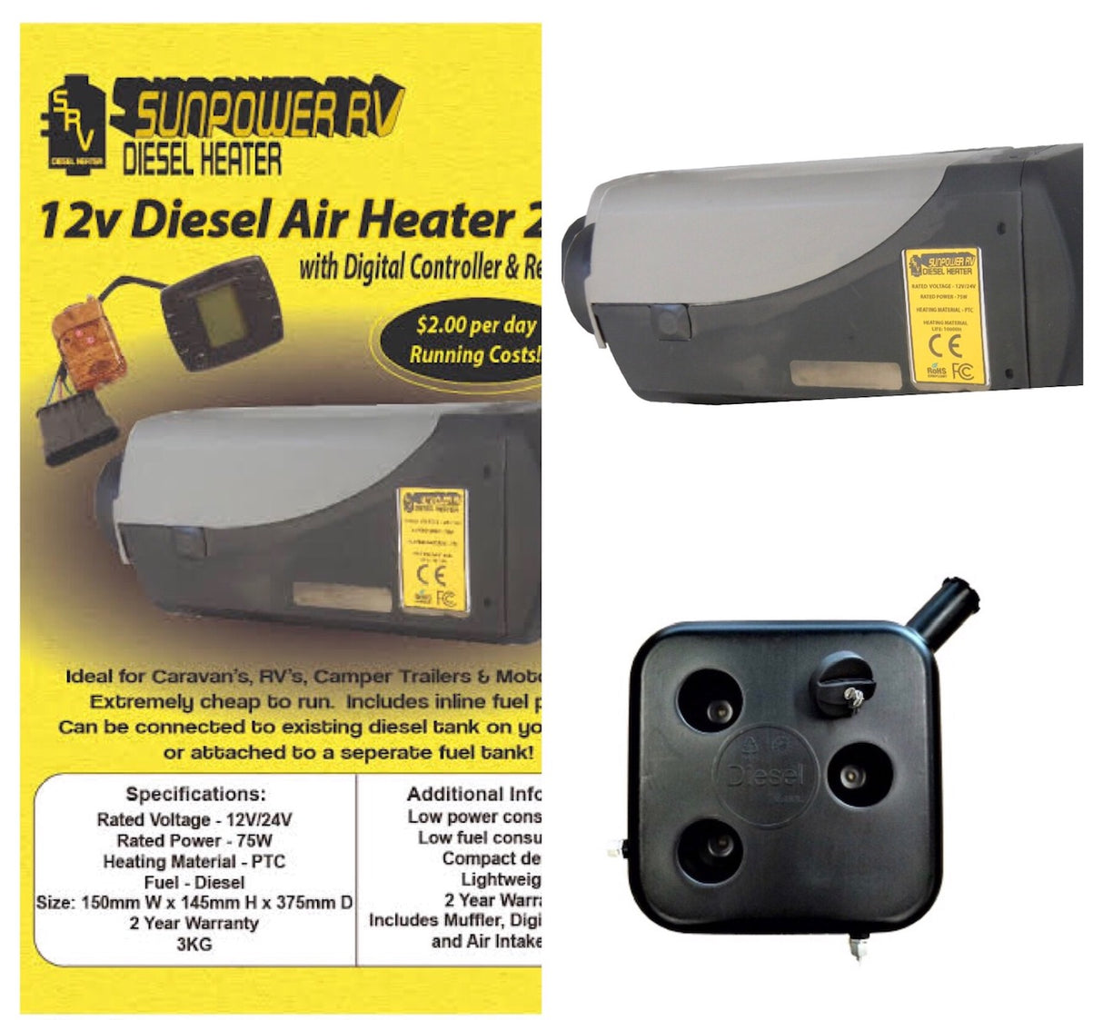 SUNPOWER RV DIESEL HEATER 2.5KW & DIESEL FUEL TANK BLACK - LOCKABLE KIT