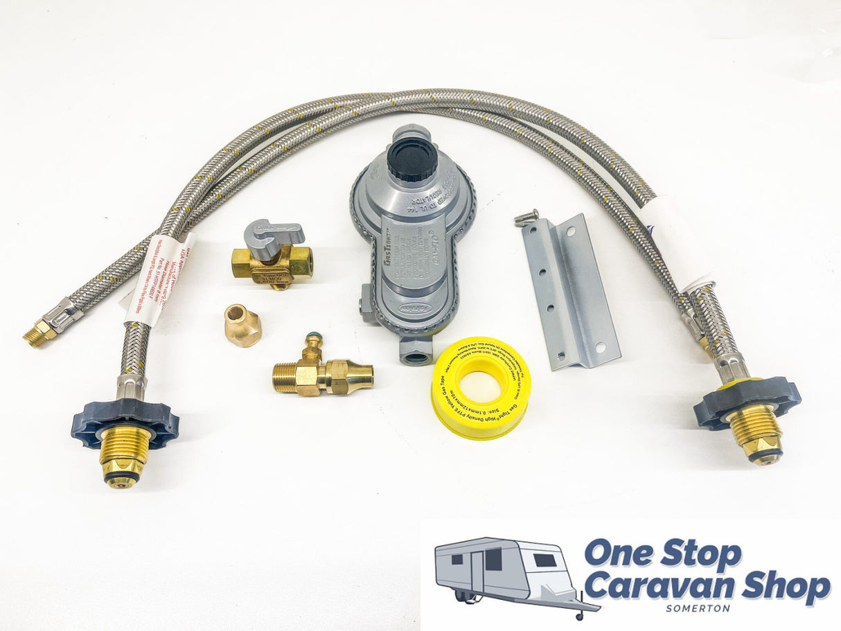 Twin Gas Regulator Kit w/ 2 x 450mm Hand Wheel Flexi Pigtails suit 3/8 & 5/16"