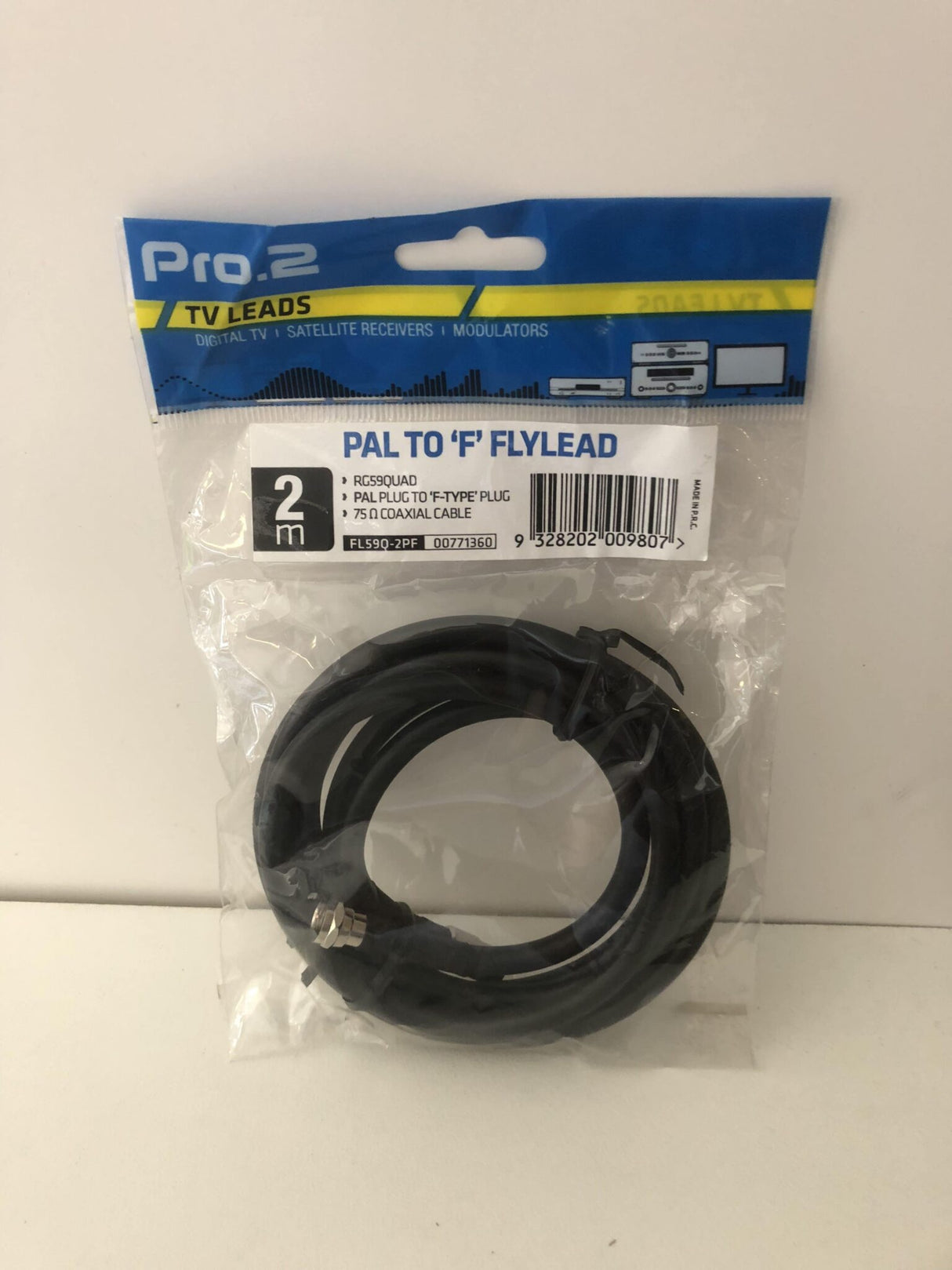 PRO2 2m TV Antenna Cable PAL Male to F-Type Flylead Aerial Cord Coax Lead