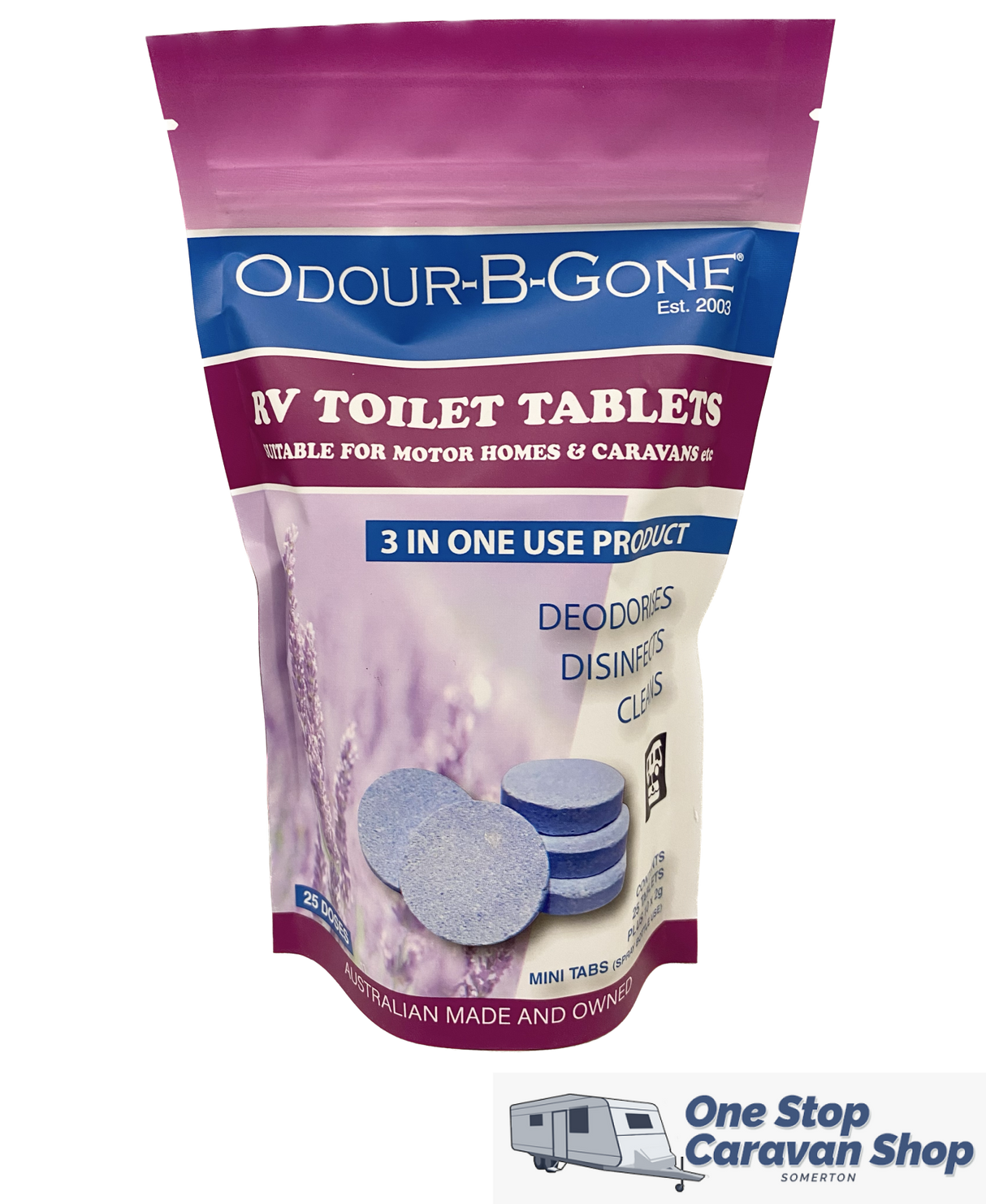 ODOUR B GONE PLUS - RV Toilet Tablets. Blue 8g - 25 Pack (Plus 10x2g MINI Oxygen Tabs)