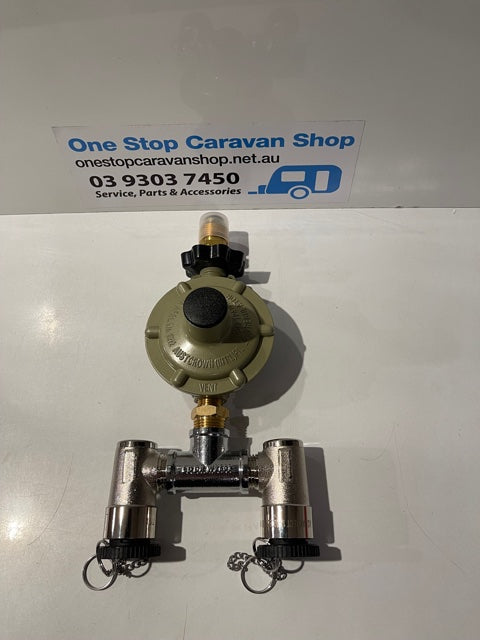 GAS BAYONET ADAPTOR TWIN WITH REGULATOR & DUST CAPS- 52-SDBA-POL