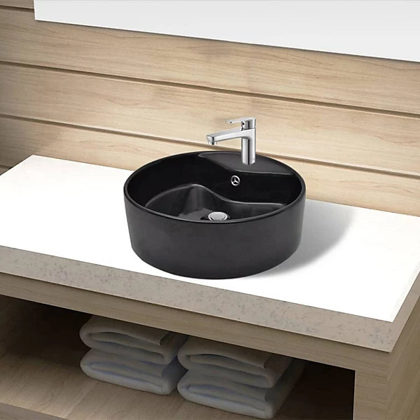 Black Ceramic Round Sink/Basin with Overflow Hole - 465mm