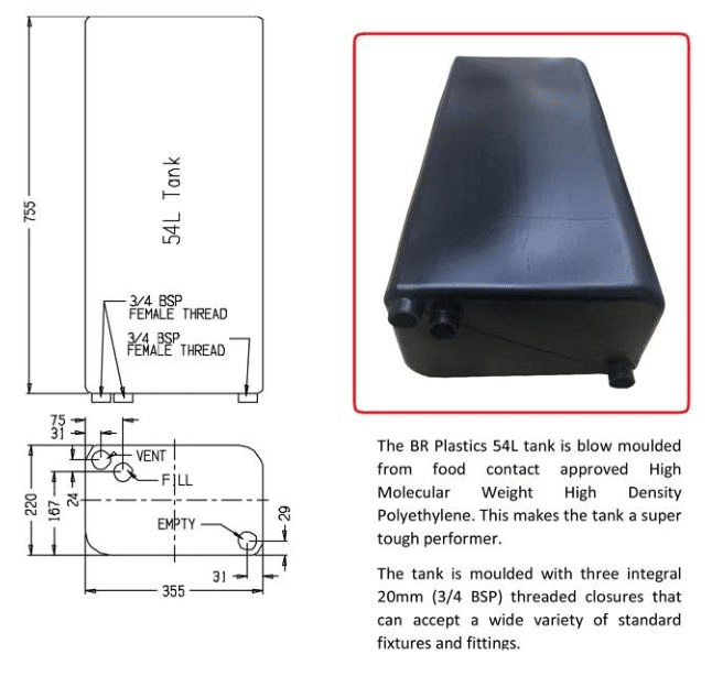WATER TANK 54L CAMPERVAN 755x 355x 220MM